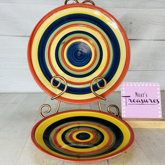 Tabletops MUTILCOLOR SWIRL Blue HandPainted Stoneware Dinner & Salad Plate Set 2 - Picture 1 of 15